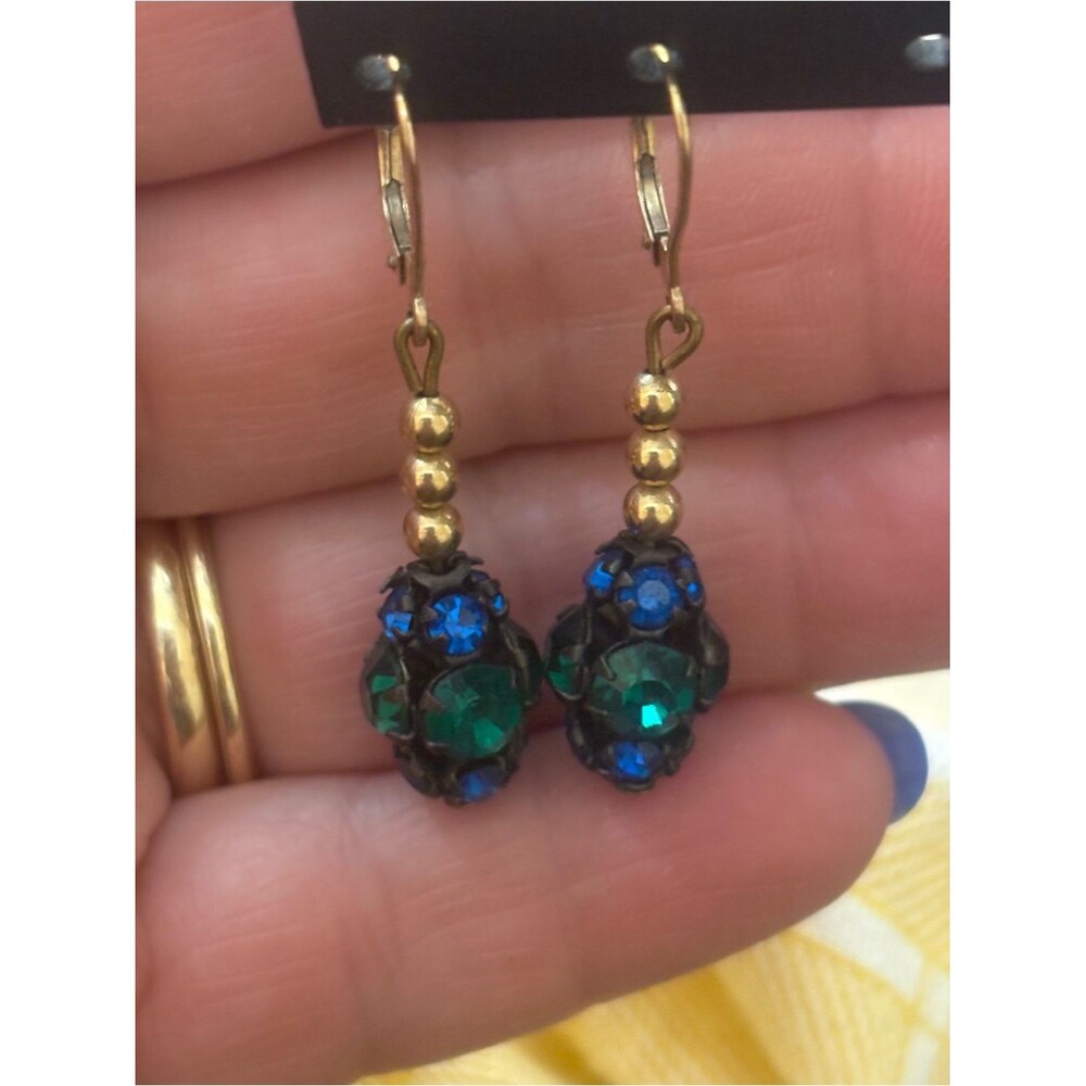 Vintage Gold Drop Earrings with Emerald Green & Royal Blue Stones